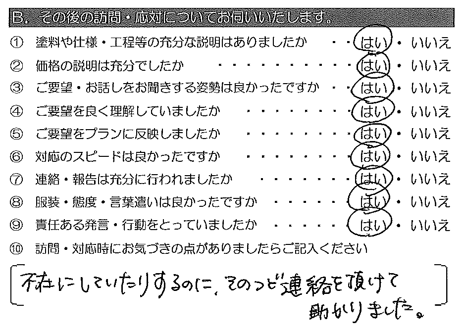 不在にしていたりするのに、そのつど連絡を頂けて助かりました。