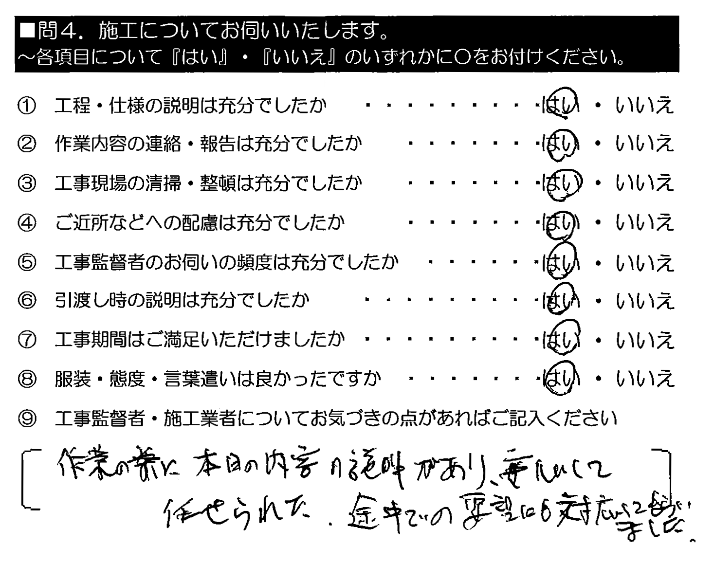 作業の前に本日の内容の説明があり、安心して任せられた。途中での要望にも対応してもらいました。