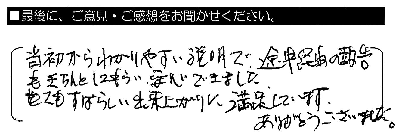 当初からわかりやすい説明で、途中経過の報告もきちんとしてもらい、安心できました。とてもすばらしい出来上がりに満足しています。ありがとうございました。