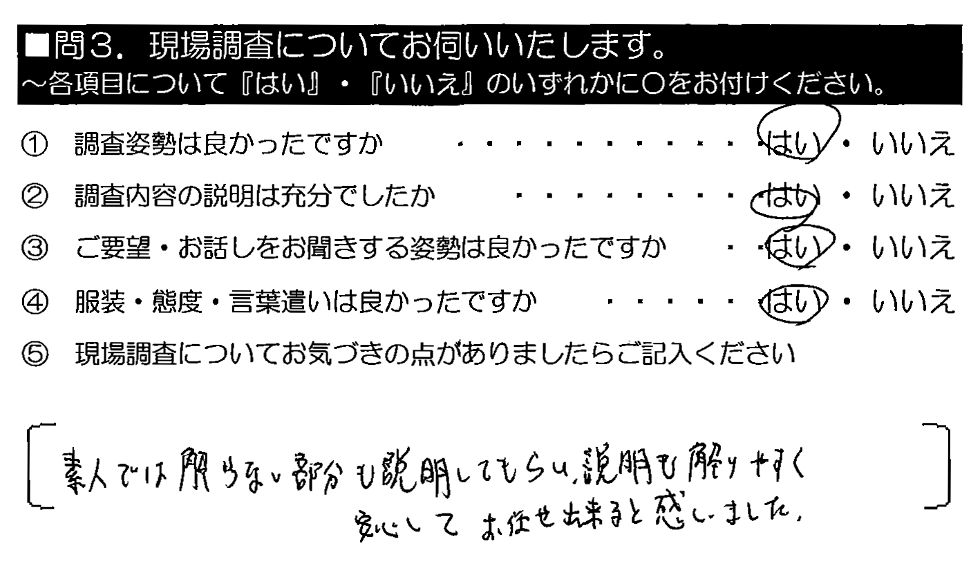 素人では解らない部分も説明してもらい、説明も解りやすく安心してお任せ出来ると感じました。