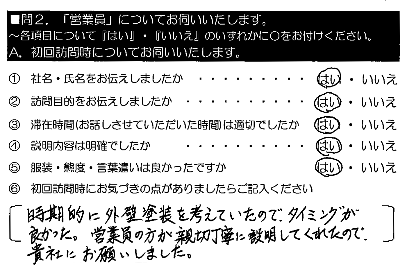 時期的に外壁塗装を考えていたので、タイミングが良かった。営業員の方が親切丁寧に説明してくれたので、貴社にお願いしました。