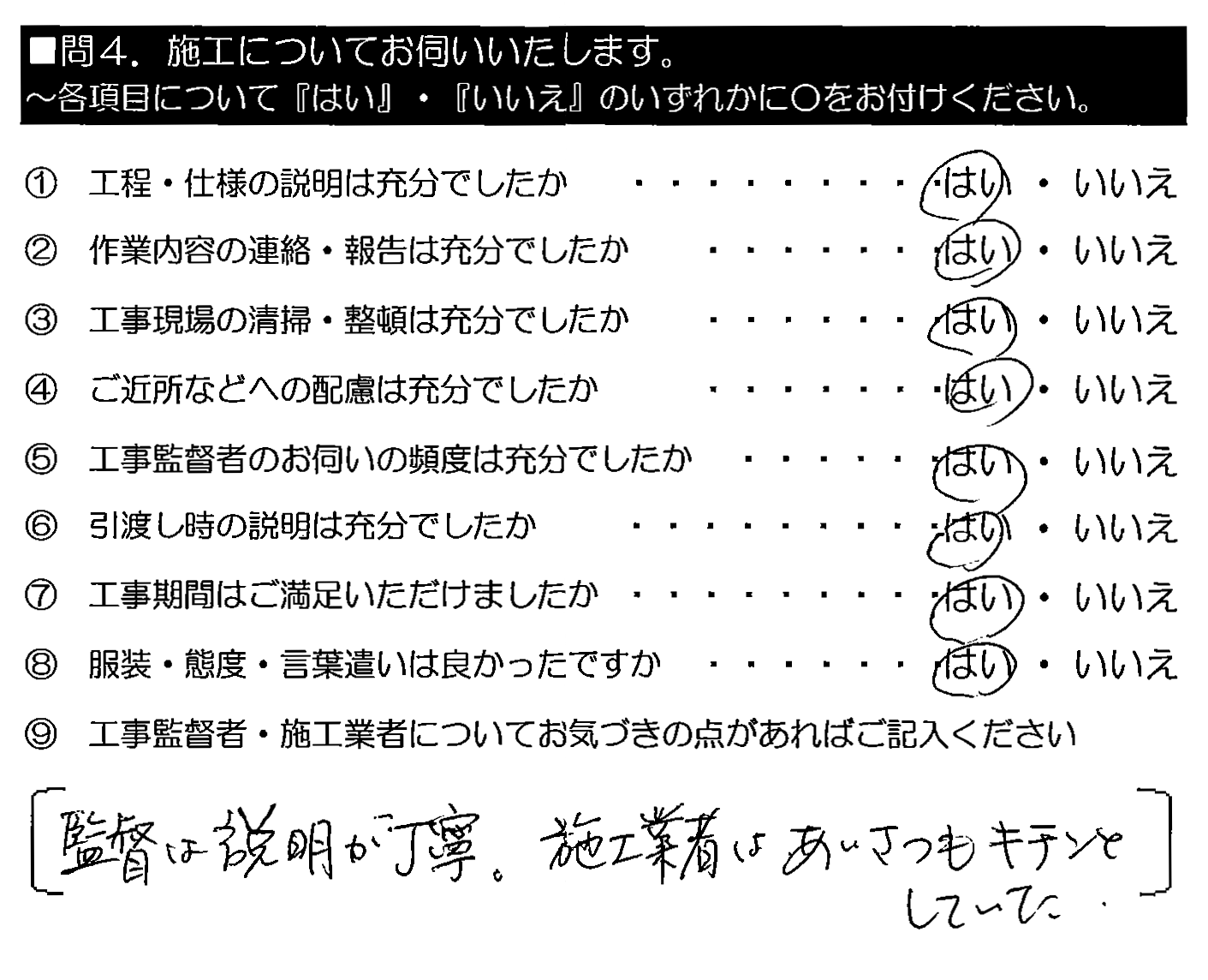 監督は説明が丁寧。施工業者はあいさつもキチンとしていた。