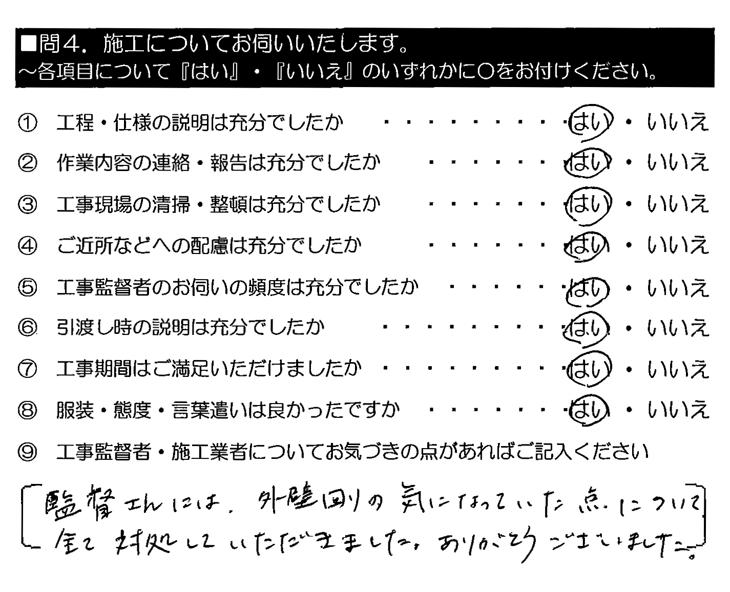 監督さんには、外壁回りの気になっていた点について全て対処していただきました。ありがとうございました。