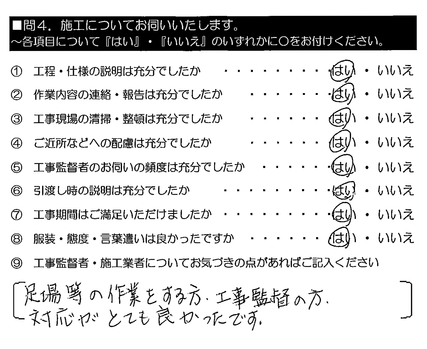 足場等の作業をする方・工事監督の方、対応がとても良かったです。