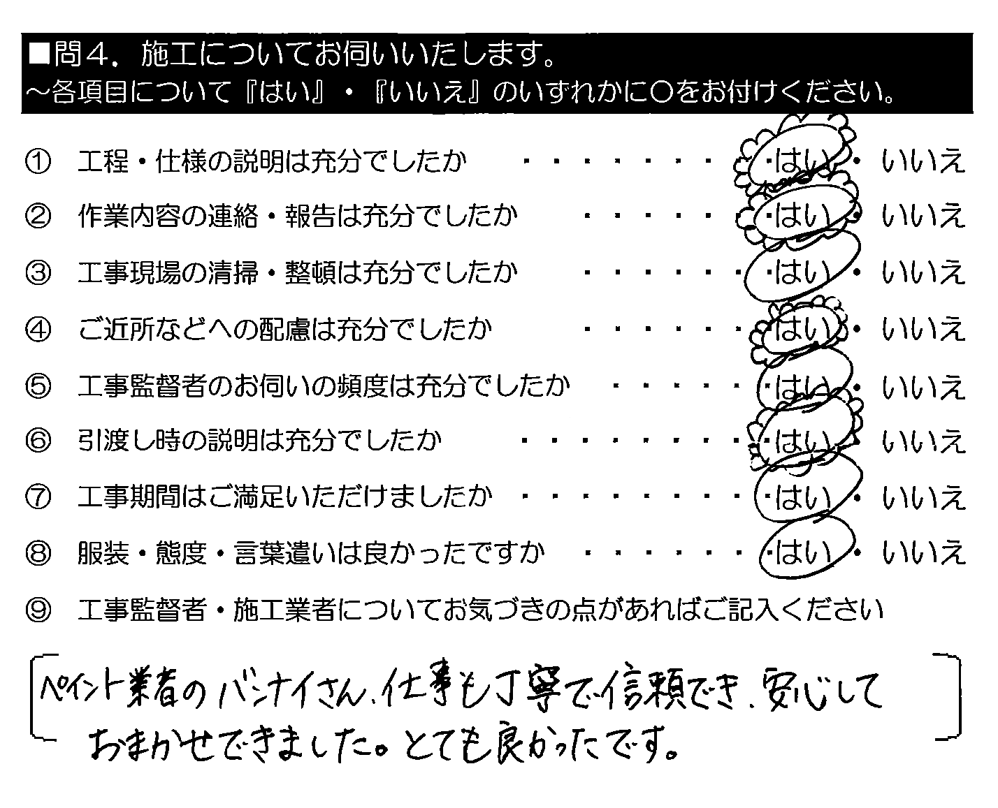 ペイント業者の坂内さん、仕事も丁寧で信頼でき、安心しておまかせできました。とても良かったです。