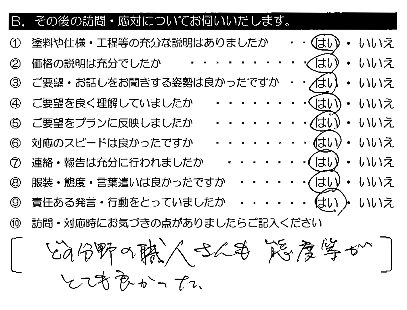 どの分野の職人さんも態度等がとても良かった。