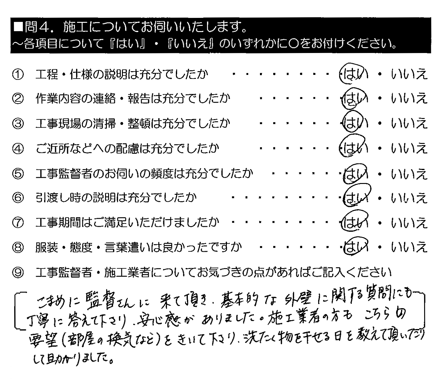 こまめに監督さんに来て頂き、基本的な外壁に関する質問にも丁寧に答えて下さり、安心感がありました。施工業者の方もこちらの要望（部屋の換気など）をきいて下さり、洗たく物を干せる日を教えて頂いたりして助かりました。