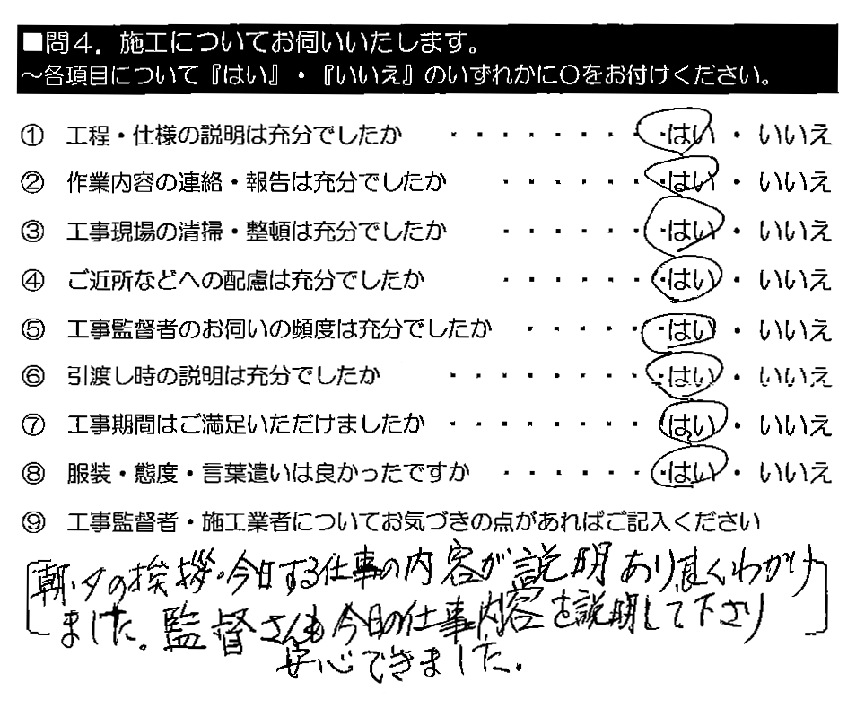 朝・夕の挨拶・今日する仕事の内容が説明あり、良くわかりました。監督さんも今日の仕事内容を説明して下さり安心できました。