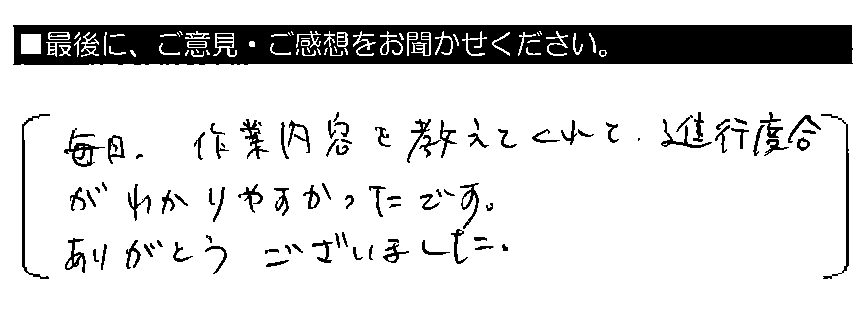 毎日、作業内容を教えてくれて、進行度合がわかりやすかったです。ありがとうございました。