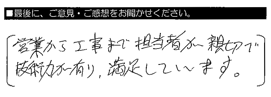 営業から工事まで担当者が親切で技術力が有り、満足しています。