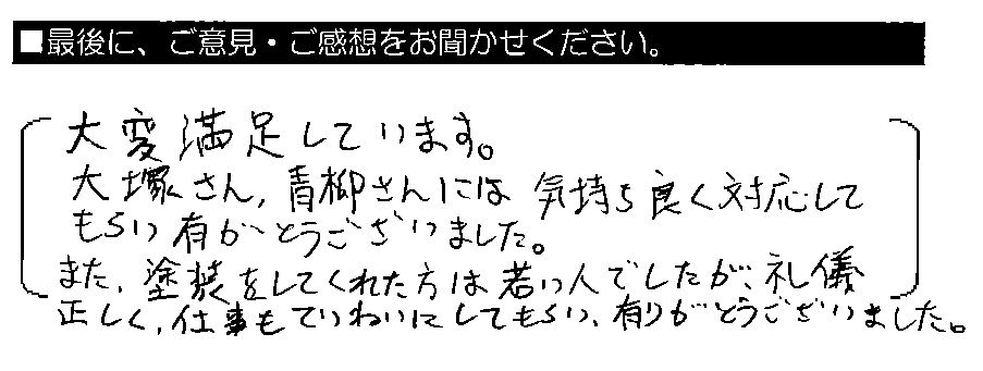 大変満足しています。大塚さん・青柳さんには気持ち良く対応してもらい有りがとうございました。また、塗装をしてくれた方は若い人でしたが、礼儀正しく、仕事もていねいにしてもらい、有りがとうございました。