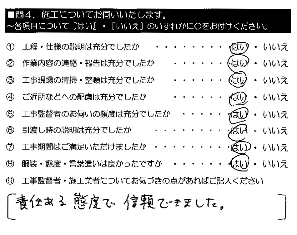 責任ある態度で信頼できました。