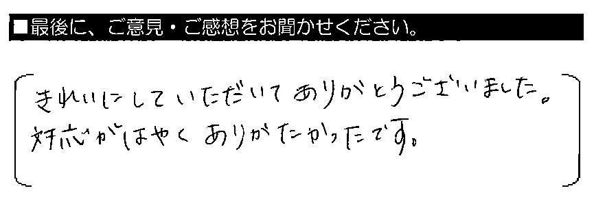 きれいにしていただいてありがとうございました。対応がはやくありがたかったです。