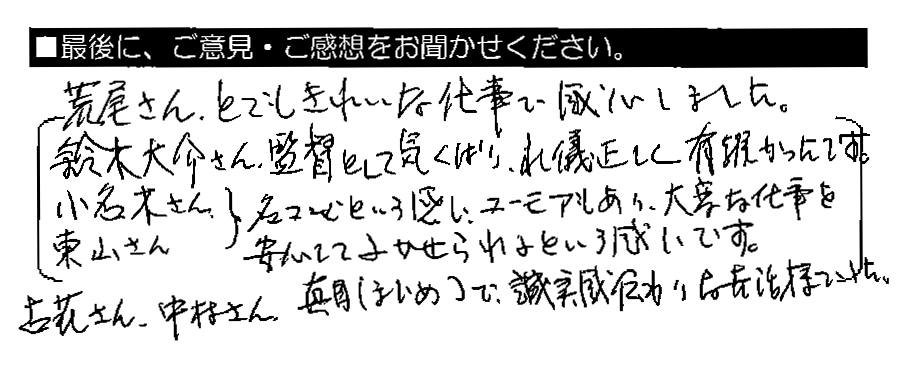 荒尾さん、とてもきれいな仕事で感心しました。鈴木大介さん、監督として気くばり、礼儀正しく有難かったです。小名木さん・東山さん、名コンビという感じ。ユーモアもあり、大変な仕事を安心してまかせられるという感じです。古姓さん・中村さん、真面目で誠実感伝わりお世話様でした。