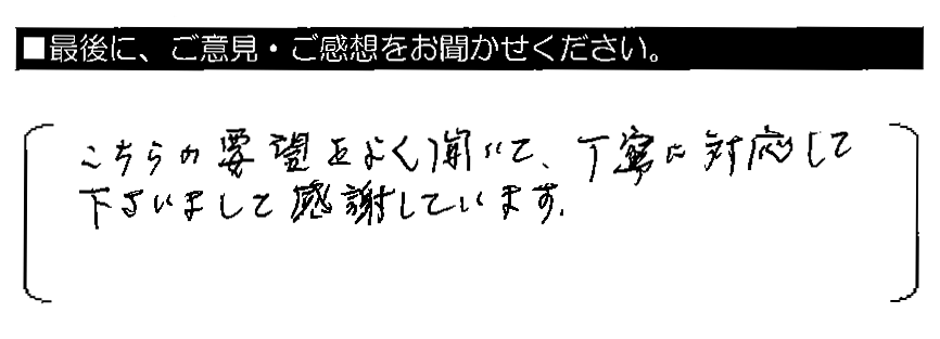 こちらの要望をよく聞いて、丁寧に対応して下さいまして感謝しています。