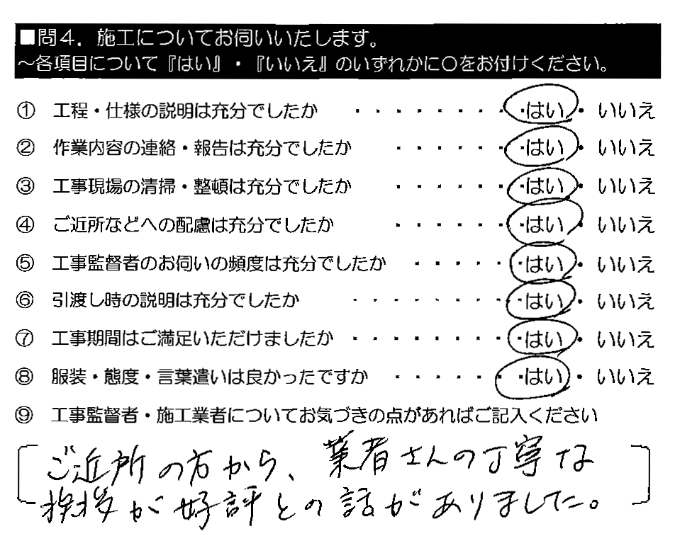 ご近所の方から、業者さんの丁寧な挨拶が好評との話がありました。