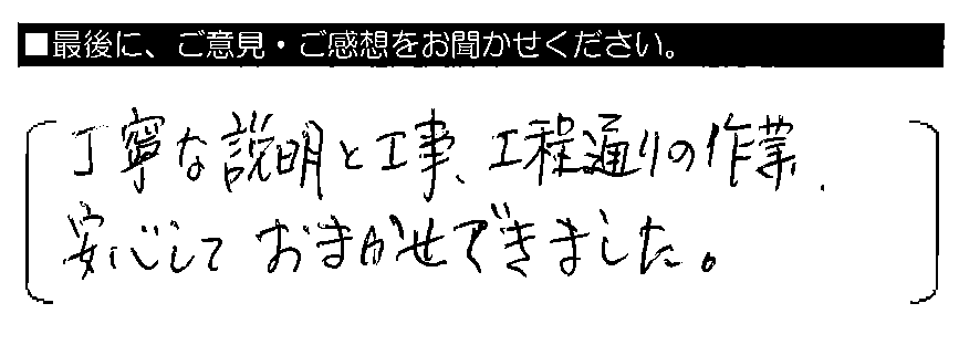 丁寧な説明と工事、工程通りの作業、安心しておまかせできました。