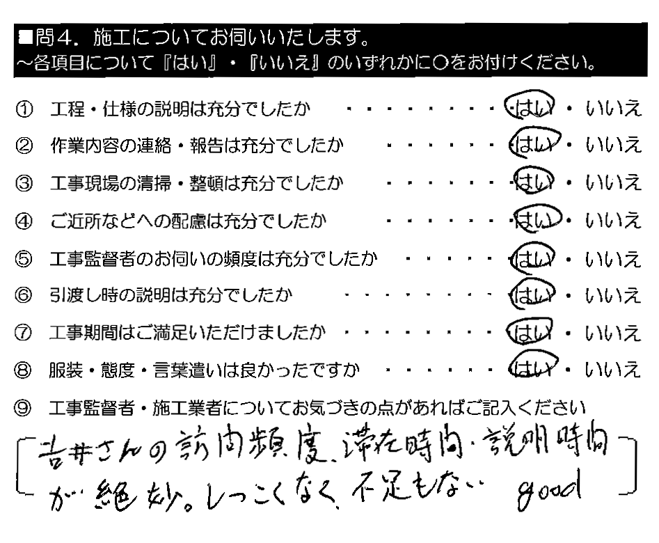 吉井さんの訪問頻度・滞在時間・説明時間が絶妙。しつこくなく、不足もない。good。