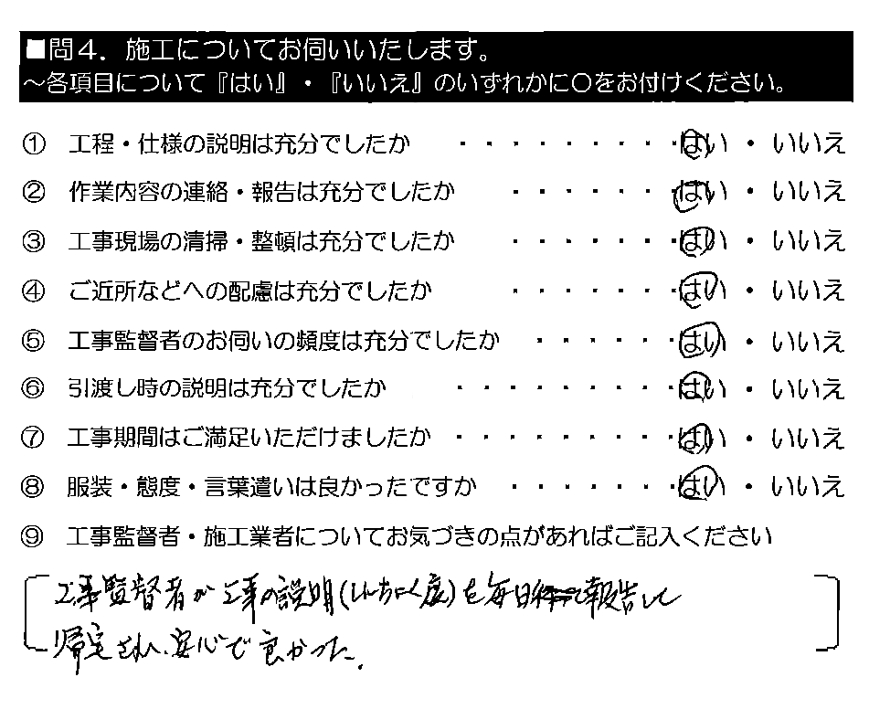 工事監督者が工事の説明（しんちょく度）を毎日報告して帰宅され、安心で良かった。