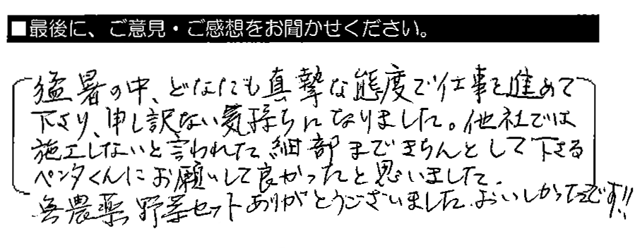 猛暑の中、どなたも真摯な態度で仕事を進めて下さり、申し訳ない気持ちになりました。他社では施工しないと言われた細部まできちんとして下さるペンタくんにお願いして良かったと思いました。無農薬野菜セットありがとうございました。おいしかったです！！