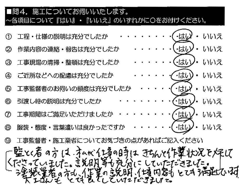 監督者の方は、私が仕事の時はきちんと作業状況をメモしてくださっていました。説明等も充分にしていただきました。塗装業者の方も、作業の説明・仕事内容もとても満足しています。大工さんもとても良くしていただきました。