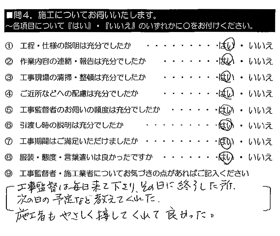 工事監督は毎日来て下さり、その日に終了した所、次の日の予定など教えてくれた。施工者もやさしく接してくれて良かった。