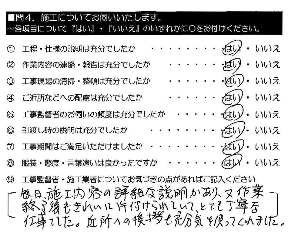 毎日、施工内容の詳細な説明があり、又作業終了後もきれいに片付けられていて、とても丁寧な仕事でした。近所への挨拶も充分気を使ってくれました。