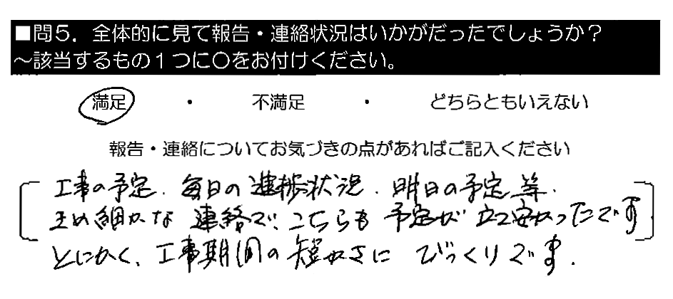 工事の予定・毎日の進捗状況・明日の予定等、きめ細かな連絡で、こちらも予定が立て安かったです。とにかく、工事期間の短さにびっくりです。