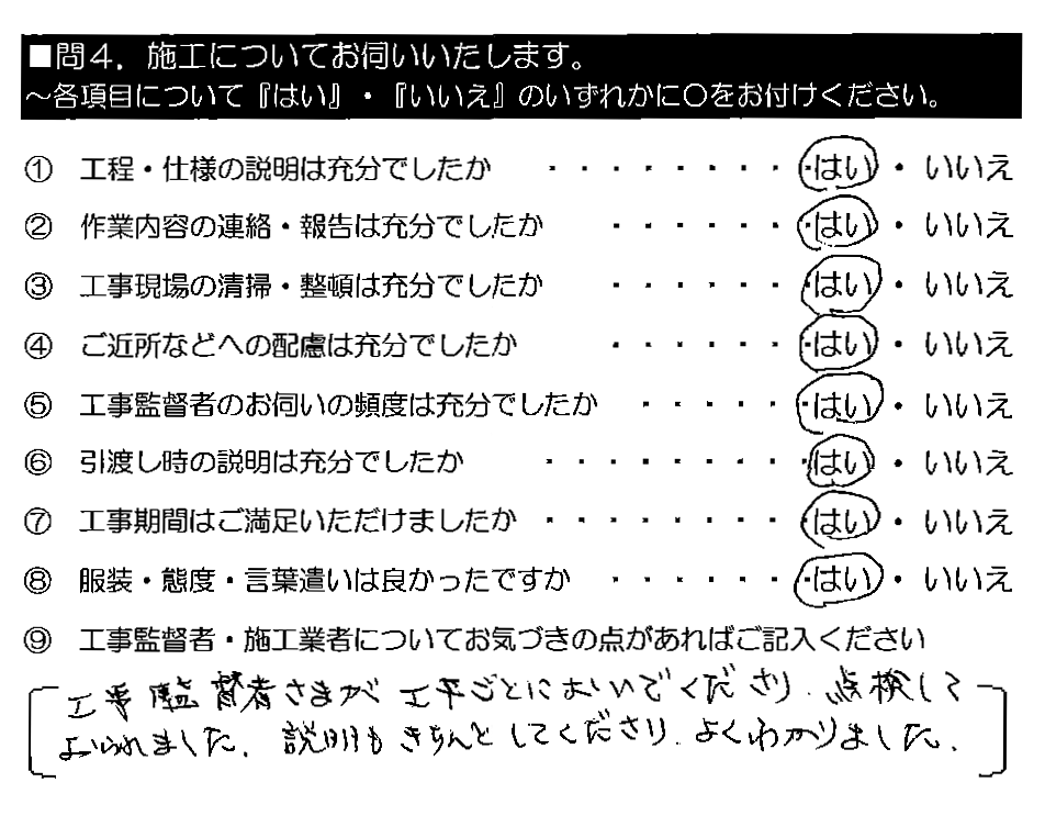 工事監督者さまが工事ごとにおいでくださり、点検しておられました。説明もきちんとしてくださり、よくわかりました。