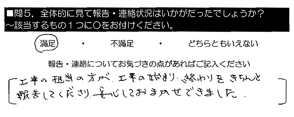 工事の担当の方が、工事の始まり・終わりをきちんと報告してくださり、安心しておまかせできました。