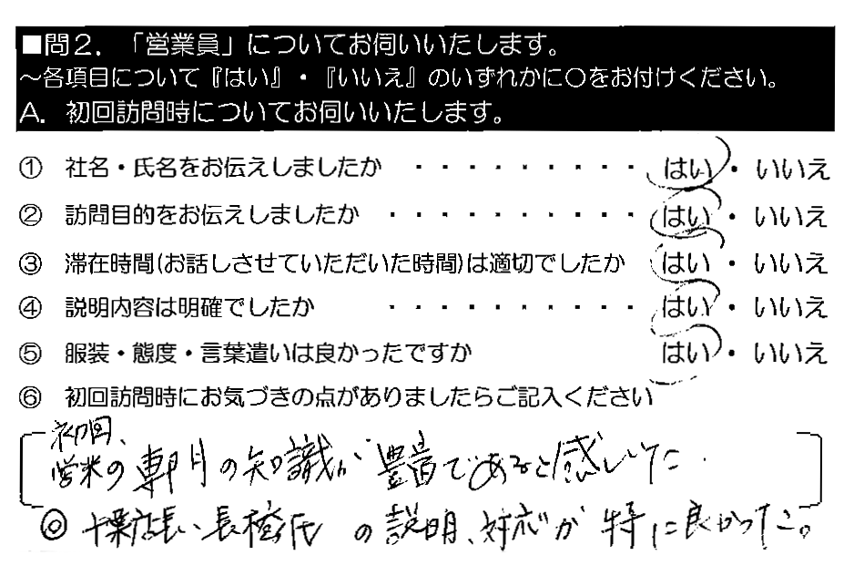 初回、営業の専門の知識が豊富であると感じた。千葉店長、長橋氏の説明・対応が特に良かった。