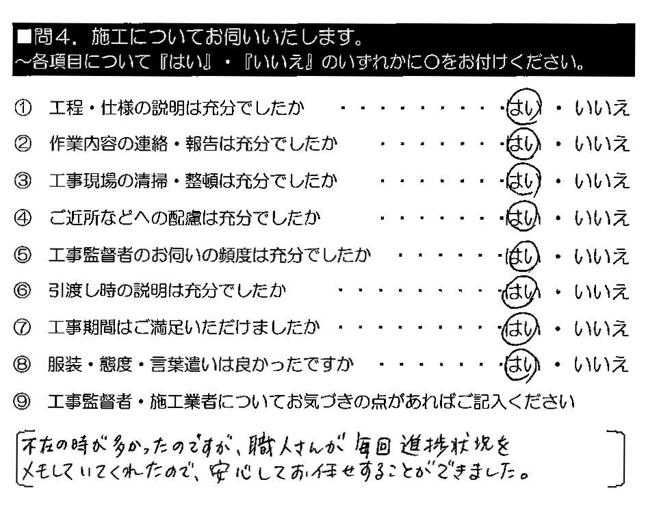 不在の時が多かったのですが、職人さんが毎回進捗状況をメモしていてくれたので、安心してお任せすることができました。