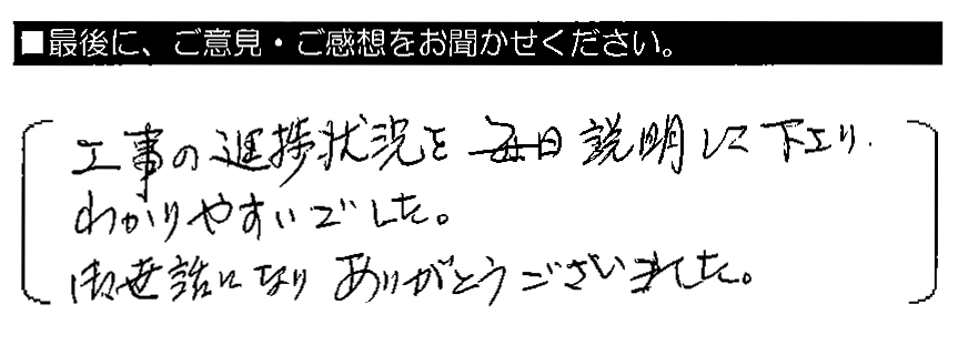 工事の進捗状況を毎日説明して下さり、わかりやすいでした。御世話になりありがとうございました。