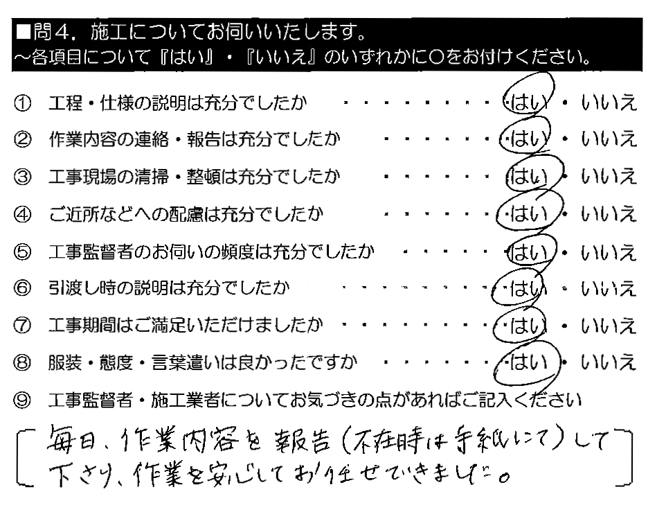 毎日、作業内容を報告（不在時は手紙にて）して下さり、作業を安心してお任せできました。