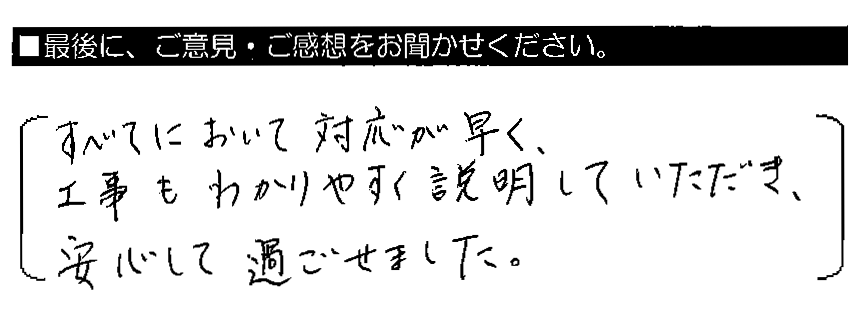 すべてにおいて対応が早く、工事もわかりやすく説明していただき、安心して過ごせました。