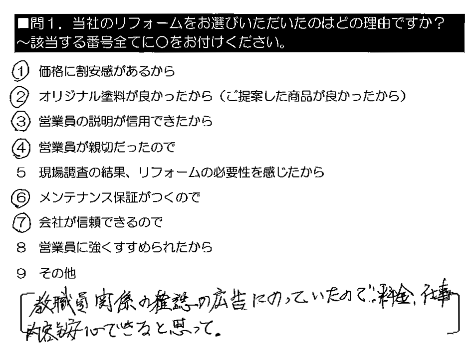 教職員関係の雑誌の広告にのっていたので。料金・仕事内容とも安心できると思って。