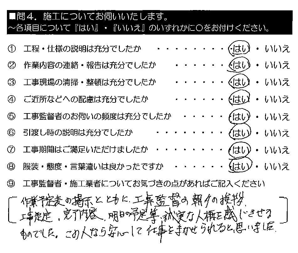 作業予定表の掲示とともに、工事監督の朝夕の挨拶、工事予定・完了内容・明日の予定等、誠実な人柄を感じさせるものでした。この人なら安心して仕事をまかせられると思いました。