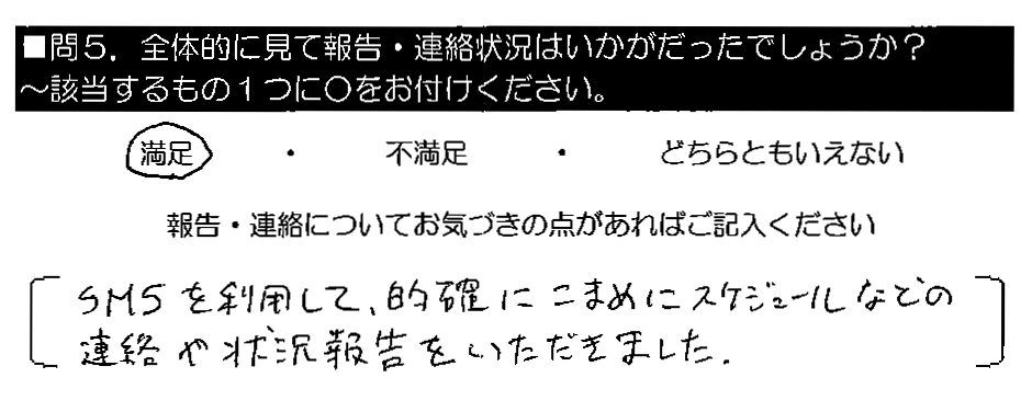 SMSを利用して、的確にこまめにスケジュールなどの連絡や状況報告をいただきました。