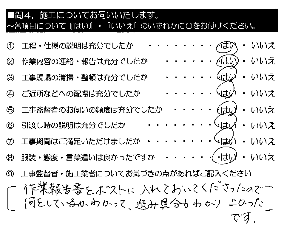 作業報告をポストに入れておいてくださったので何をしているかわかって、進み具合もわかりよかったです。