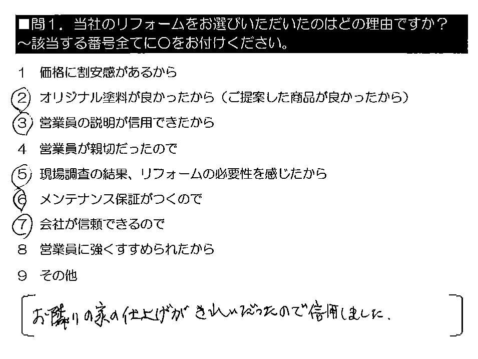 お隣の家の仕上げがきれいだったので信用しました。