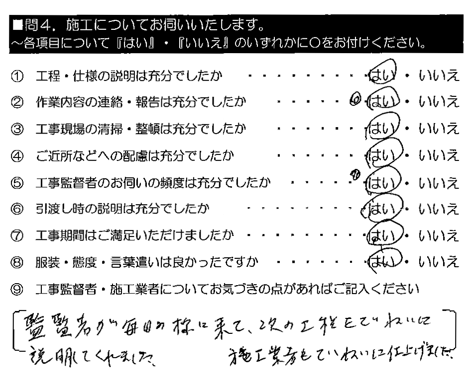 監督者が毎日の様に来て、次の工程をていねいに説明してくれました。施工業者もていねいに仕上げました。