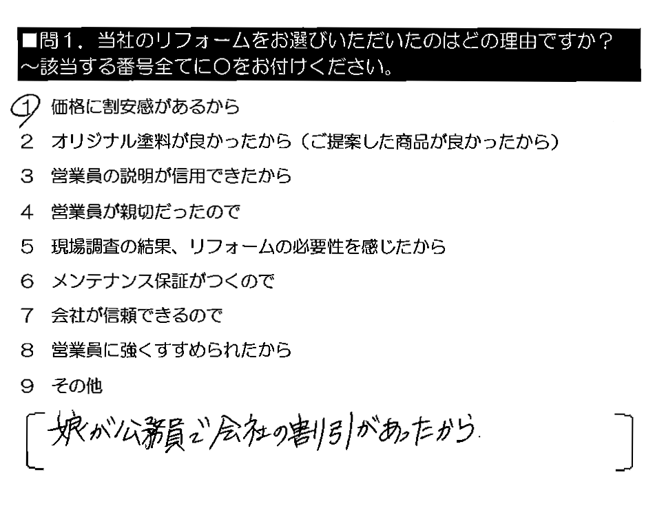 娘が公務員で 会社の割引があった。