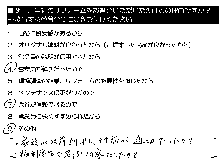 ・家族が以前利用し、対応が適切だったので。・福利厚生で割引対象だったので。