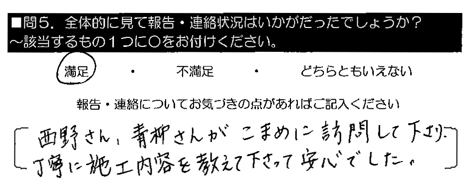 西野さん・青柳さんがこまめに訪問して下さり、丁寧に施工内容を教えて下さって安心でした。