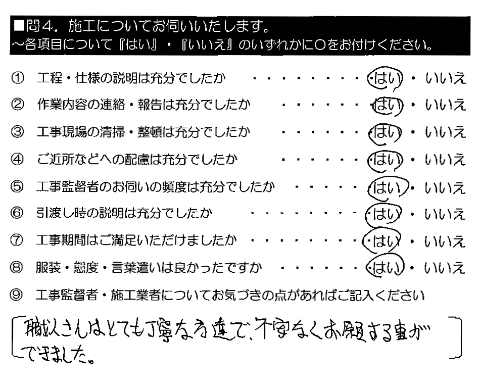 職人さんはとても丁寧な方達で、不安なくお願いする事ができました。