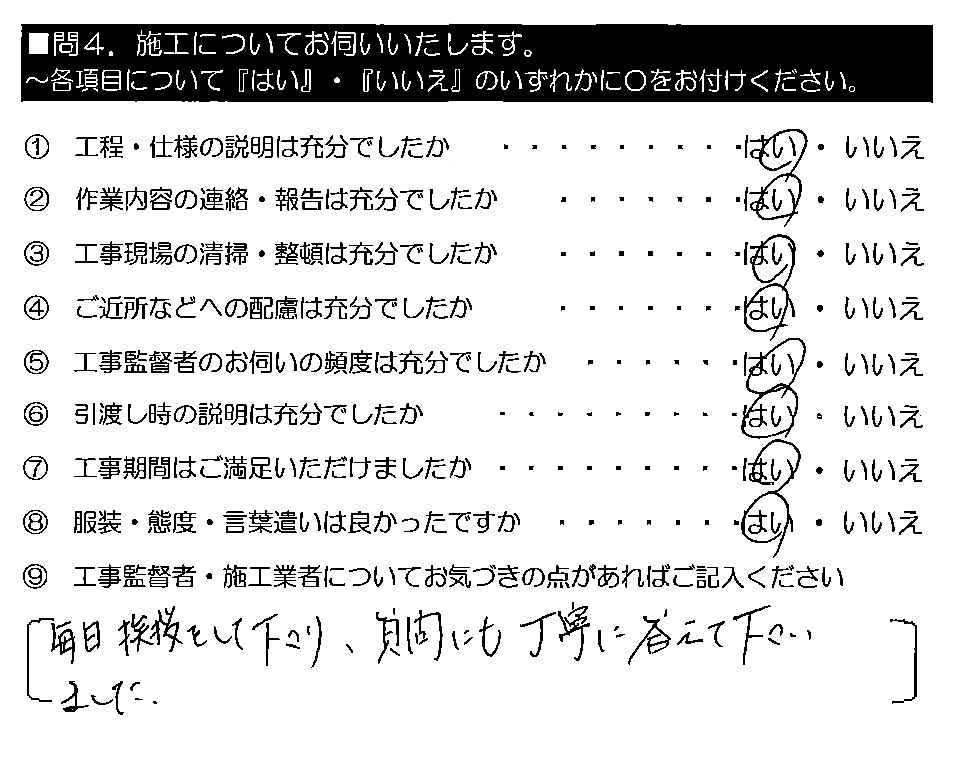 毎日挨拶をして下さり、質問にも丁寧に答えて下さいました。