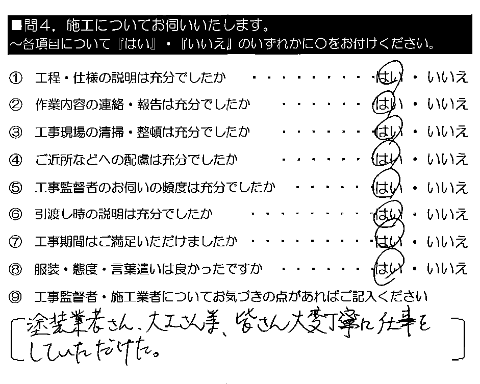 塗装業者さん・大工さん等、皆さん大変丁寧に仕事をしていただけた。