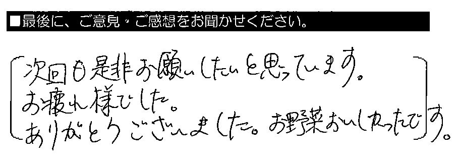 次回も是非お願いしたいと思っています。お疲れ様でした。ありがとうございました。お野菜おいしかったです。