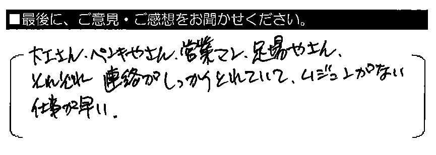 大工さん・ペンキやさん・営業マン・足場やさん、それぞれ連絡がしっかりとれていて、ムジュンがない。仕事が早い。