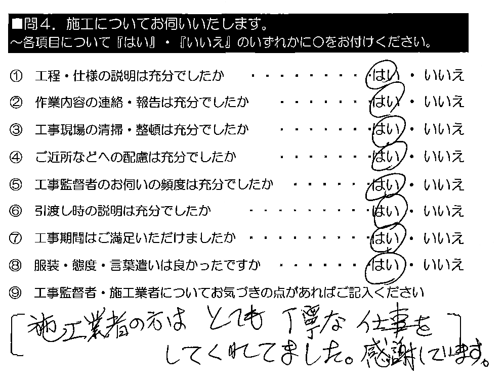 施工業者の方はとても丁寧な仕事をしてくれてました。感謝しています。